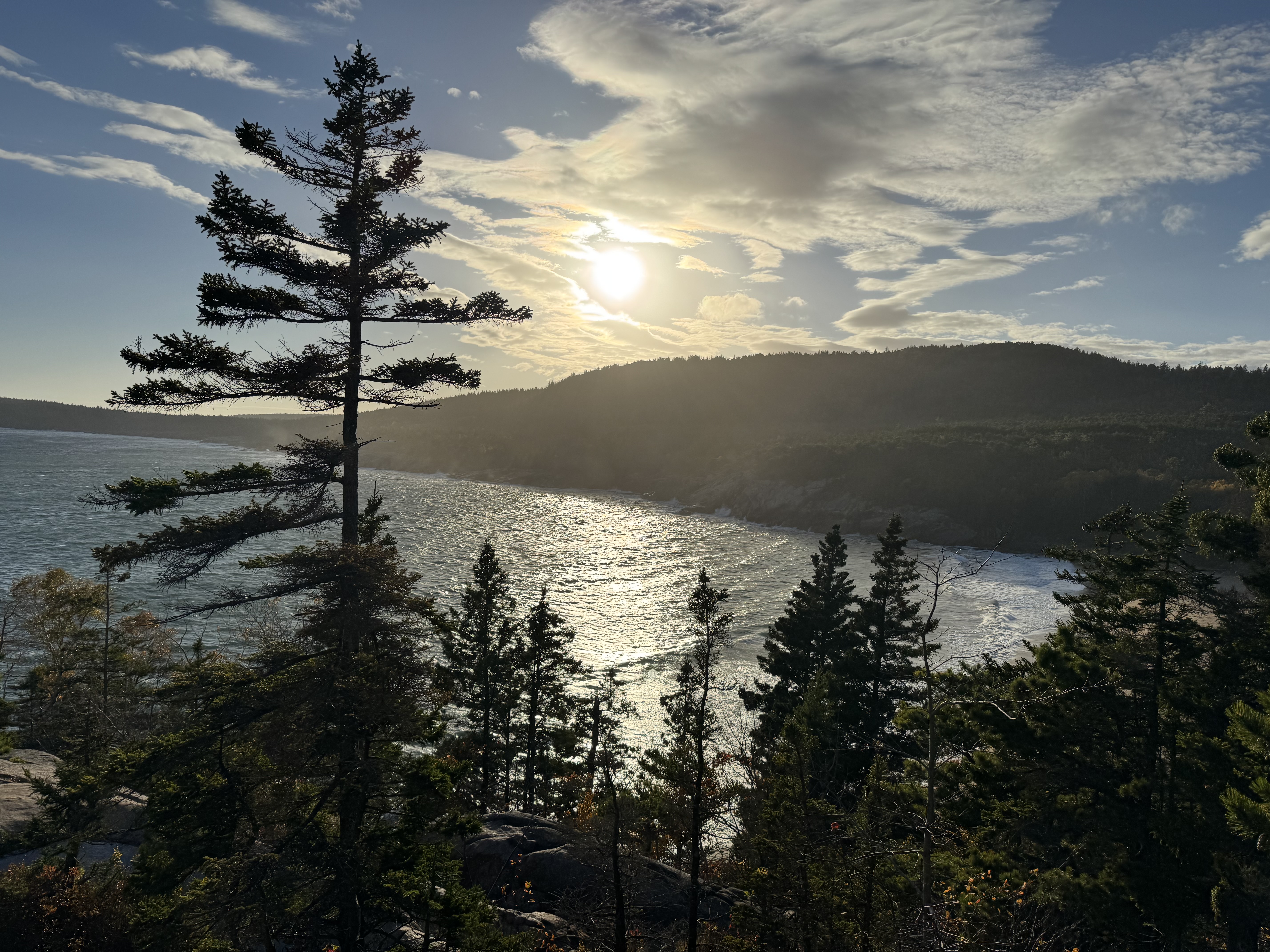 Acadia National Park coastline at sunset, viewed from the trail